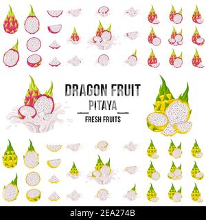Big set of fresh whole, half, cut slice red and yellow pitaya fruits isolated on white background. Summer fruits for healthy lifestyle. Cartoon style. Stock Vector