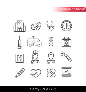 Medical or medicine line vector icon set. Hospital, nurse, doctor icons; pills and stethoscope outline symbols, editable stroke. Stock Vector
