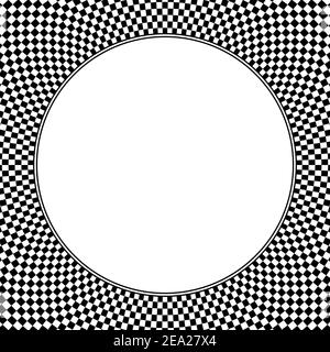 Square shaped checkerboard pattern background, with blank white circle in the middle. Checkered pattern texture, made of black and white squares. Stock Photo