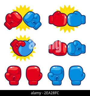 Cartoon red vs blue boxing gloves set. Boxing match opponents, competition icons. Isolated vector illustration. Stock Vector