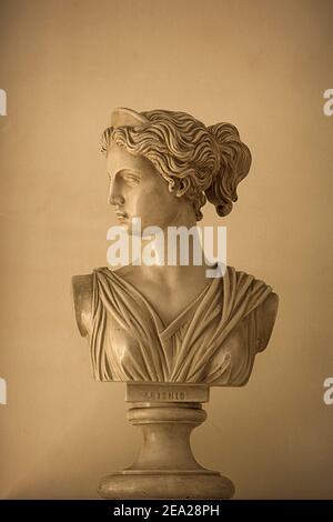 Reproduction of a classical bust of the goddess Artemis ,the Greek goddess of the hunt, the wilderness, wild animals, the Moon, and chastity. Stock Photo