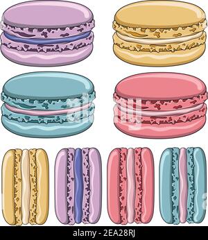 Set of colorful French macaroon cookies. Isolated objects on a white background. Stock Vector