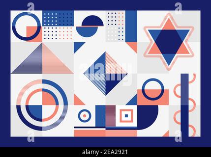 Abstract blue and orange geometric pattern rectangles, triangle, squares and circles shape design on white background. You can use for banner web, bra Stock Vector