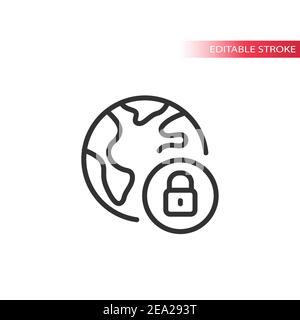 Padlock and globe, planet earth vector web icon. Safe and secure website outline symbol, editable stroke. Stock Vector