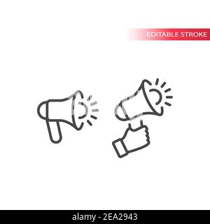 Megaphone or loudspeaker line vector icon. Hand holding bullhorn or blow horn outline symbol, editable stroke. Stock Vector