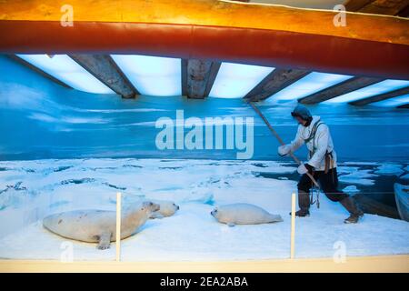 TROMSO, NORWAY - July 28 2012: Interior of the Polar Museum. Sealer on the hunt. Stock Photo