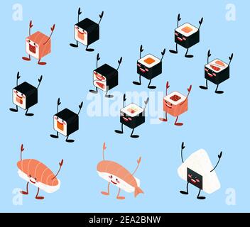 Japanese food kawaii mascot set isolated on blue background. icons of asian traditional menu vector illustration. Isometric sushi and asian soup Stock Vector