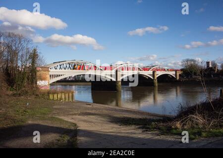 A South Western Railways passenger train crossing Barnes Bridge in southwest London, U.K. Stock Photo