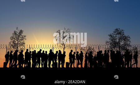 Refugees and immigrants looking for a new life. Column of migrants near the state borders. Fence and barbed wire. Surveillance, supervised. Silhouette Stock Photo