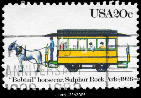 USA - CIRCA 1983: A Stamp printed in USA shows the 'Bobtail' horsecar, Sulphur Rock, Arkansas, Streetcars, circa 1983 Stock Photo