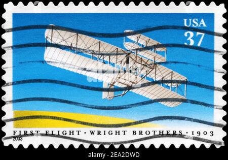 USA - CIRCA 2003: A Stamp printed in USA shows the First Flight of Wright Brothers, Century issue, circa 2003 Stock Photo