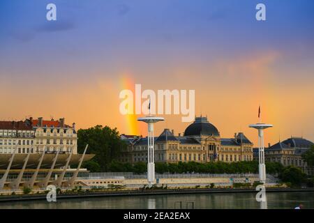 Rainbow at sunset. Quay Claude Bernard in the French city of Lyon after the rain. LYON-FRANCE:JULY 13, 2016. Stock Photo