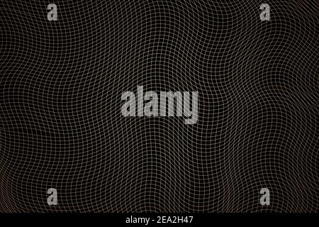 Abstract golden wavy grid on black background. The geometric squared pattern. 3d vector mesh illustration. Distorted monochrome texture. Stripe Stock Vector