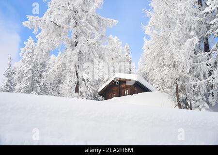 Cozy Dark Wooden Cottage On A Snowy Hill Surrounded By Snowcovered Trees And Blue Sky. Bettmeralp, Valais, Switzerland Stock Photo