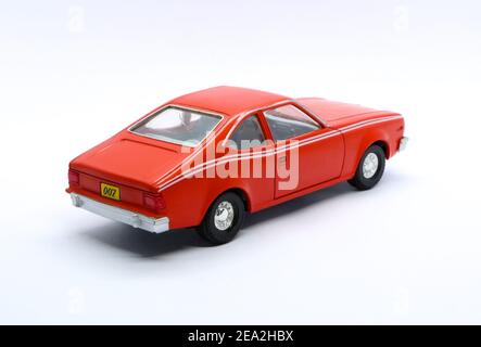 Photo of a Red AMC Hornet Corgi die cast model from the Roger Moore James Bond 007 film Man with the Golden Gun 1974 rear three quarters view Stock Photo