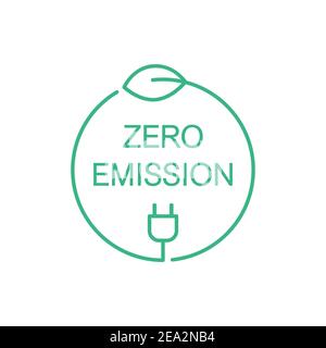 Zero emission sign, icon, symbol or logo. Green leaf and a electric plug in a circle. Clean energy concept. CO2 neutral power. Renewable eco energy Stock Vector