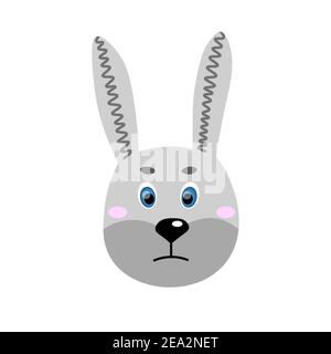 Colorful cute vector hare face. One object on a white background. Cartoon flat illustration. Emoji funny animal. Embarrassed smile emotion. Template Stock Vector