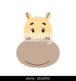 Colorful cute vector hippopotamus face. One object on a white background. Cartoon flat illustration. Emoji funny animal. Embarrassed smile emotion Stock Vector