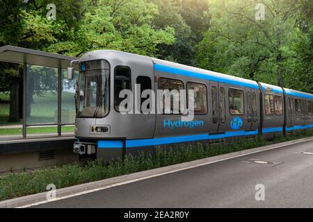 A hydrogen fuel cell train stands at the station Stock Photo