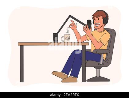 Illustration of a joyful male Podcaster talking to a microphone. Flat style vector illustration. Stock Vector