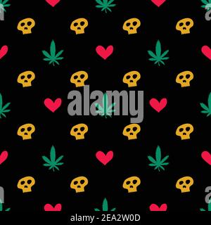 Marijuana Love Skull seamless pattern. Hand drawn vector illustration. For surface design, print, poster, icon, web, graphic designs. Stock Vector
