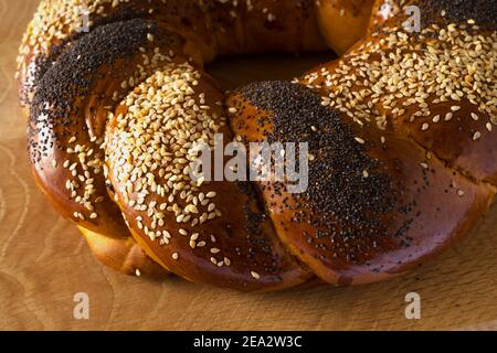 Sweet Slavic bun made in the shape of a ring and called Kalach Stock Photo