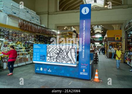 An Information desk at the main entrance at the historic public under covered Municipal Market (Mercado Municipal de Sao Paulo) on Rua da Cantareira Stock Photo