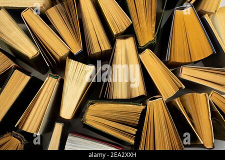 Book background. Old books in the library. Bookshelf shop. Knowledge publications, literature. Bookish bookstore, bookshop. Stock Photo