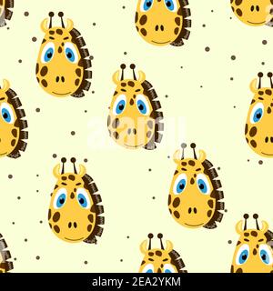 Vector flat animals colorful illustration for kids. Seamless pattern with cute giraffe face on yellow polka dots background. Adorable cartoon Stock Vector