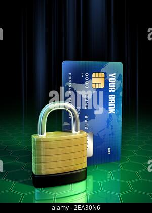 Generic credit card protected by a metal lock. Digital illustration. Stock Photo