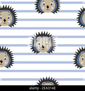 Vector flat animals colorful illustration for kids. Seamless pattern with cute hedgehog face on white striped background. Adorable cartoon character Stock Vector