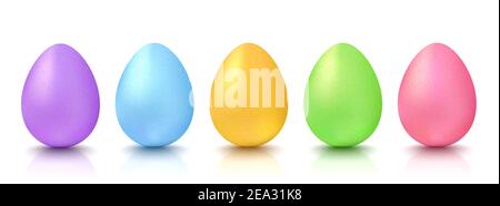 Set realistic colorful eggs for Easter. Colorful eggs on isolated background. 3d Easter's eggs. Stock Photo