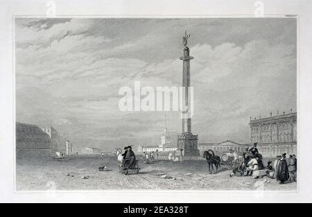 The column of Alexander I, 1777-1825, was the Emperor of Russia 1801-1825, is located in the center of the Palace Square, in front of Hermitage, in Sa Stock Photo