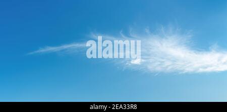 Angel wing shaped cloud against azure heaven. White cloud like a swan wing high in a blue sky. Translucent cirrus spindrift clouds high up. Stock Photo