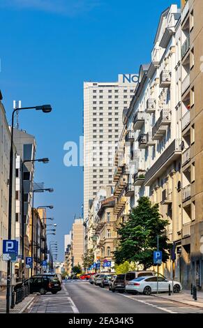 Warsaw, Poland - June 28, 2020: Panoramic view of Nowogrodzka street with Hotel Forum Novotel in Srodmiescie downtown district Stock Photo