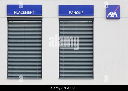 Bourg, France - September 26, 2020: AXA insurance agency. AXA is a French multinational insurance firm Stock Photo