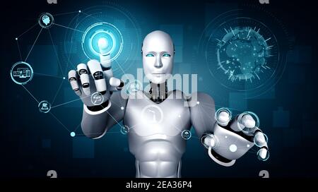 AI humanoid robot touching hologram screen shows concept of global communication network using artificial intelligence thinking by machine learning Stock Photo