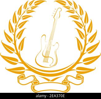 Electro guitar symbol in laurel wreath isolated on white Stock Vector