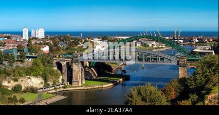 views of the Wearmouth Bridge & Wearmouth Rail Bridge in Sunderland, Tyne and Wear, England, United Kingdom Stock Photo