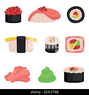 Sushi, rolls, icon set on white isolated background. Vector illustration. Stock Vector