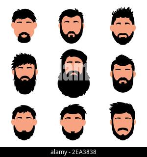 Cartoon hair, beard and face. Sleek style. Vector men s hairstyle, illustration, beard, icons, hair on white isolated background. Stylish trendy hair. Stock Vector