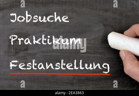 Chalkboard in german written jobs praktikum and Festanstellung Stock Photo