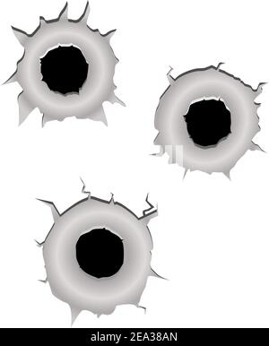 Bullet holes in metal isolated on white Stock Vector