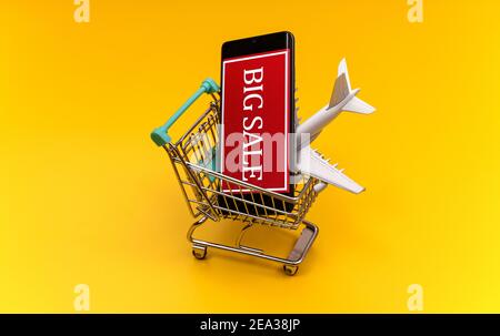 Shopping cart with plane toy. Air tickets sale concept. Stock Photo