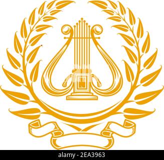 Harp symbol in laurel wreath isolated on white Stock Vector
