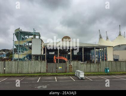 Demolition of the old swimming pool, which opened in 1987, taking place at Butlins in Bognor Regis, West Sussex, UK. Stock Photo