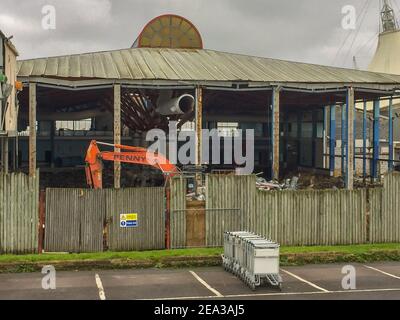 Demolition of the old swimming pool, which opened in 1987, taking place at Butlins in Bognor Regis, West Sussex, UK. Stock Photo