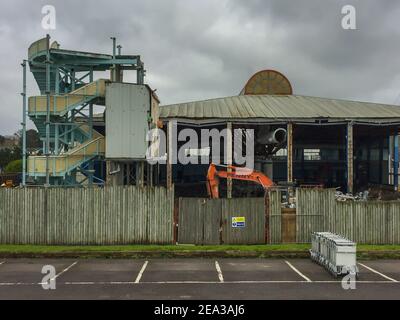 Demolition of the old swimming pool, which opened in 1987, taking place at Butlins in Bognor Regis, West Sussex, UK. Stock Photo