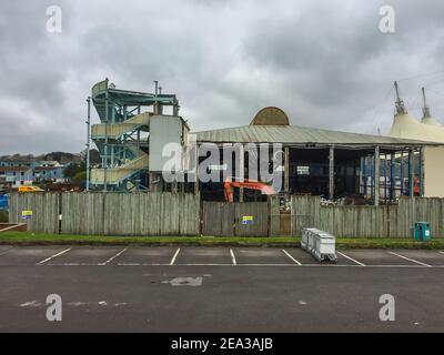 Demolition of the old swimming pool, which opened in 1987, taking place at Butlins in Bognor Regis, West Sussex, UK. Stock Photo