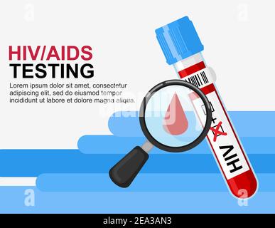 Blood test concept HIV test. World AIDS Day 1 December. Test tube with blood and positive test and magnifying glass. vector Stock Vector
